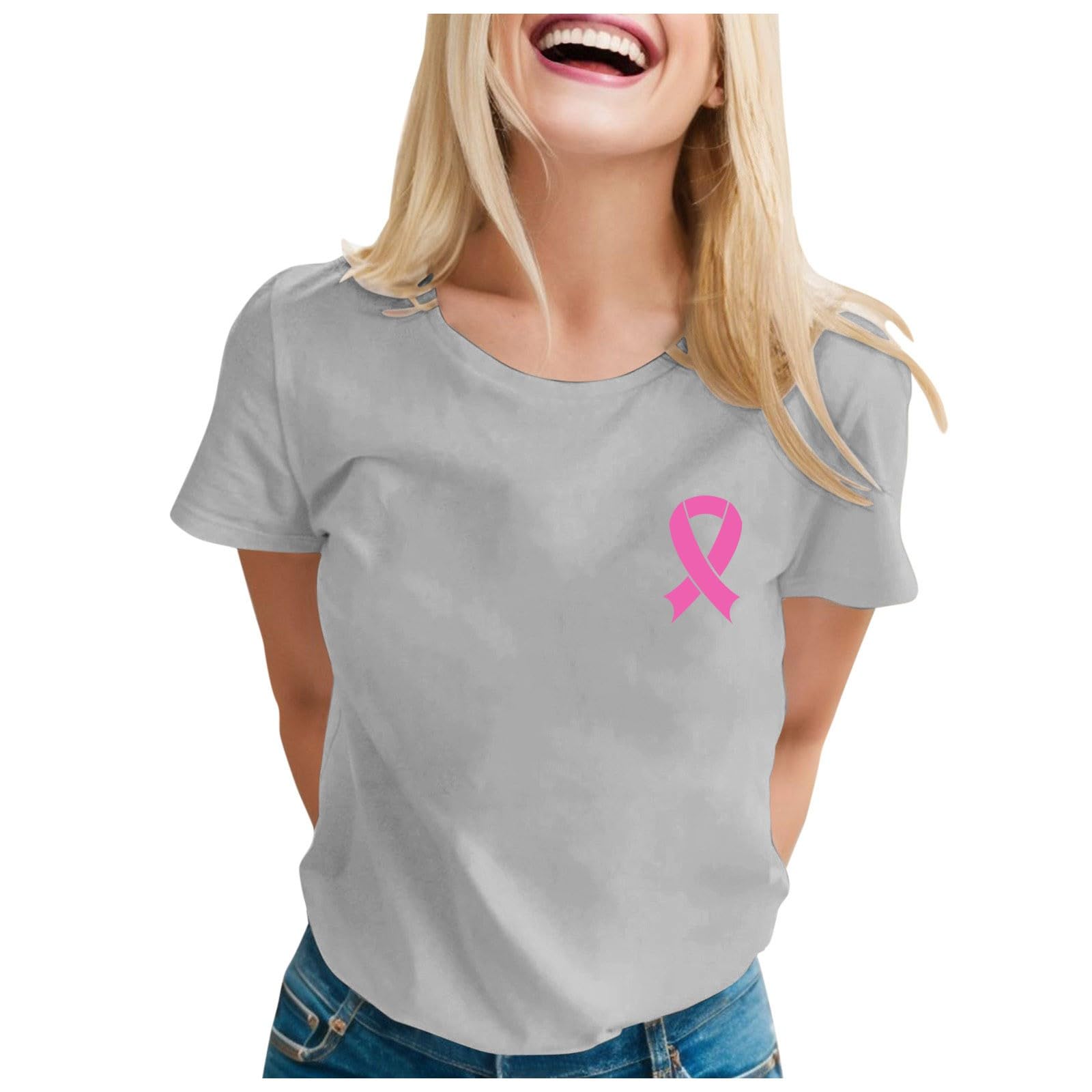 Cokbyavla Women's 012-Grey October Cancer Fighter Tshirt, Plus Size Breast Cancer T-Shirts Breast Cancer Support T Shirts V Neck Hot Pink Crew Neck Sweatshirts Pink Ribbon Breast Cancer Awar