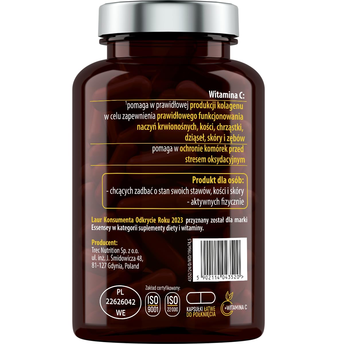 ESSENSEY - Kolagen I 1000 mg w porcji dziennej I 90 Kapsułek I Witamina C 61 mg I Hydrolizowany Kolagen Typu I SOLUGEL® I 45 Dniowych porcji I Łatwe do połknięcia