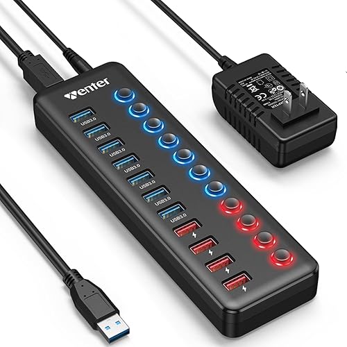 Wenter Hub USB 3.0 alimentado, divisor de concentrador de 11 puertos (7 puertos de transferencia de datos más rápidos + 4 puertos de carga