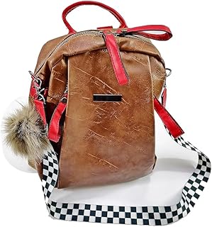 شنطة ظهر و كروس يد حريمي بناتي لون بني اصفر واحمر جلد سميك سوست قوي