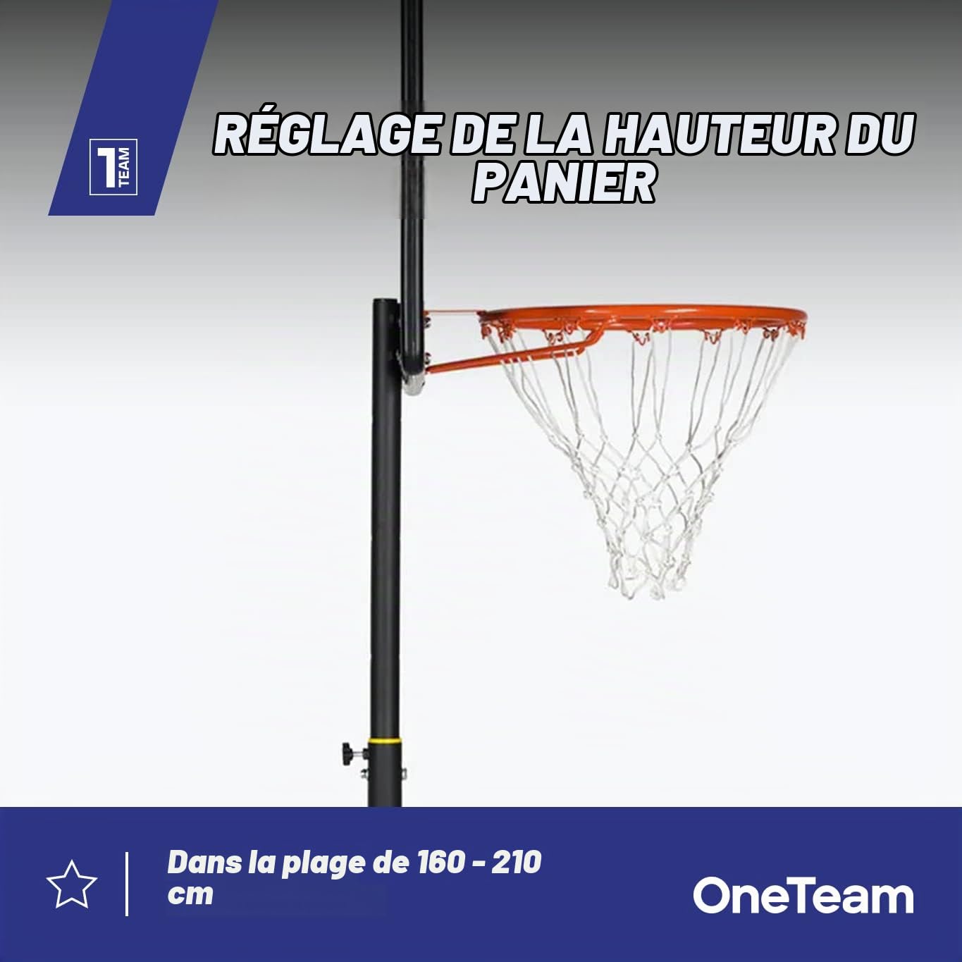 OneTeam Basket potası, jant yüksekliği ayarı, 230-305 cm aralığında, PVC Disk, sağlam konstrüksiyon, uzun ömürlü malzemeler, siyah, OT-BH02