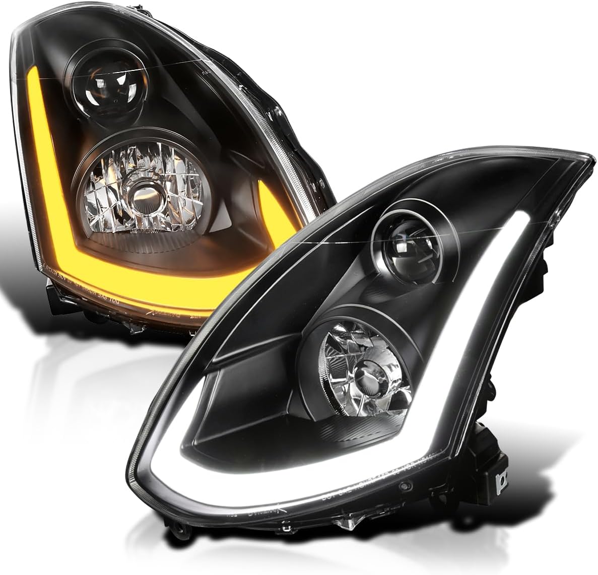 Black Projector Headlights w/Sequential LED Strip Compatible with 2003-2007 Infiniti G35 Coupe, Left + Right Pair Headlamps Assembly