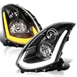 SPEC-D TUNING Black Projector Headlights w/Sequential LED Strip Compatible with 2003-2007 Infiniti G35 Coupe, Left + Right Pair Headlamps Assembly