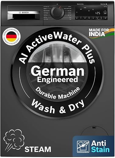 Bosch 9kg 5 Star Anti Stain & AI Active Water Plus Fully Automatic Front Load Washing Machine with Built in Heater (WGA1420TIN, Pretreatment &…