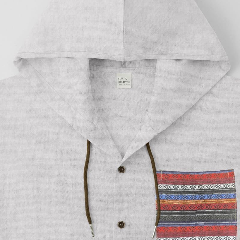 Men's Cotton-Linen Shirt - Long Sleeve Button-Up Hooded Shirt with Pockets Casual Wear for Vacations Daily Use - Image 3