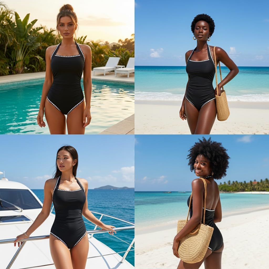 Hilor Women's One Piece Swimsuits Tummy Control Bathing Suits Halter Scalloped Vintage Swimwear Retro Slimming Monokini - Image 2