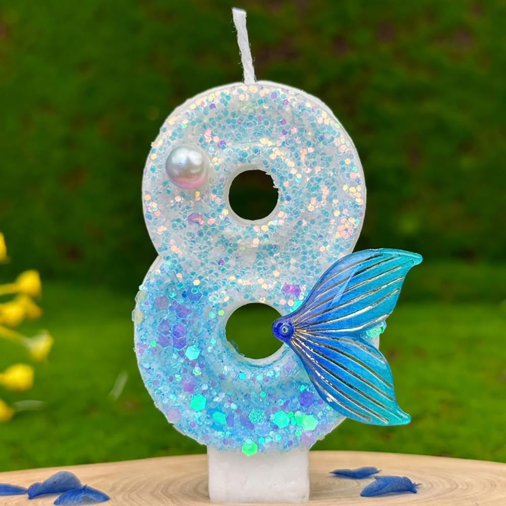 HUATEEN Mermaid Tail Numeral Birthday Candles,Metallic Blue & Silver Cake Cupcake Candle Number 8 Celebration Candles for Mermaid Themed Parties, Adult & Kids Birthday Decorations