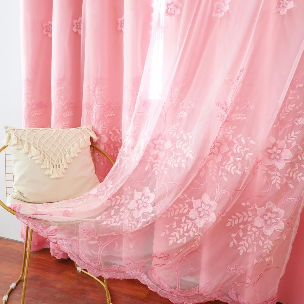 Amidoudou 1 Pair European Double Layer Curtains for Living Room Bedroom Luxury Flower Embroidered Curtains with Valance (Pink,52x102 Inch)