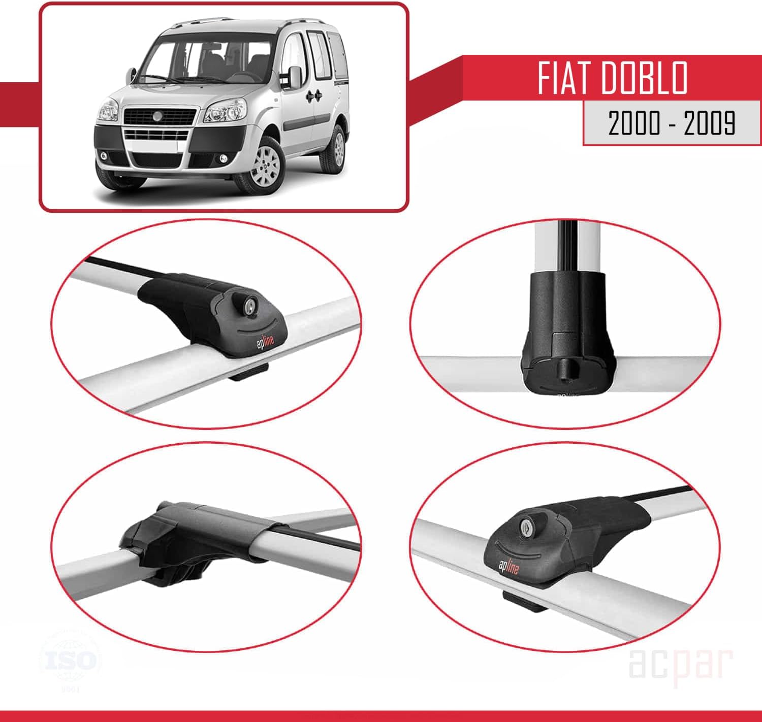 Compatible with Fiat Doblo 2000-2009 ACE-1 Car Roof Rack Cross Bar Grey Aluminium 4 Bars