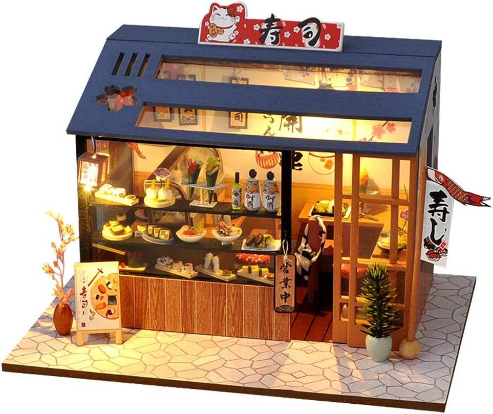 SYW Miniature Dollhouse with Furniture and LED Lights, Japanese Model Kit Wooden Dollhouse, 1:24 Scale Wooden Handmade Building Model Puzzle Toy(Sushi Shop)