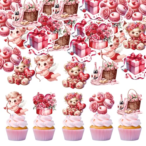 42Pcs Edible Valentine's Day Cupcake Toppers Wafer Paper Little Bear