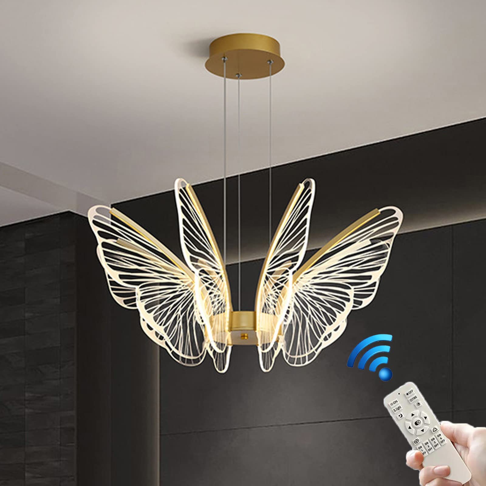 Lampada a sospensione , lampada a sospensione a LED a 6 luci con design a farfalla per soggiorno, lampada a soffitto a LED dimmerabile con montaggio a semi-incasso con telecomando, luci a sospensione