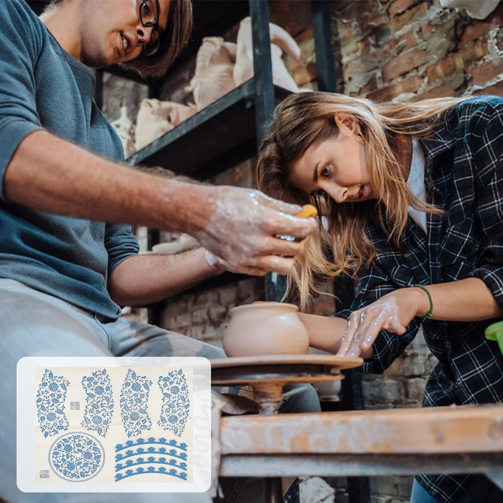 WEBEEDY 10 Styles Underglaze Transfers Ceramic Decals Blue Theme Porcelain Ceramic Clay Glaze Transfer Paper Sheets for Pottery Art Overglaze Enamel Decal Waterslide Decal, 52x37.5cm/20.5x14.8 inch
