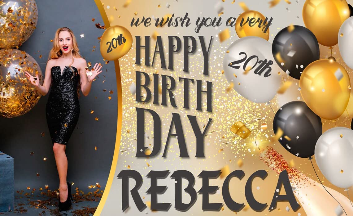Personalised Happy Birthday Backdrop Background Photo Banner Black and Gold Sign Poster Fabric Glitter Cloth Curtain Party Decorations man woman…