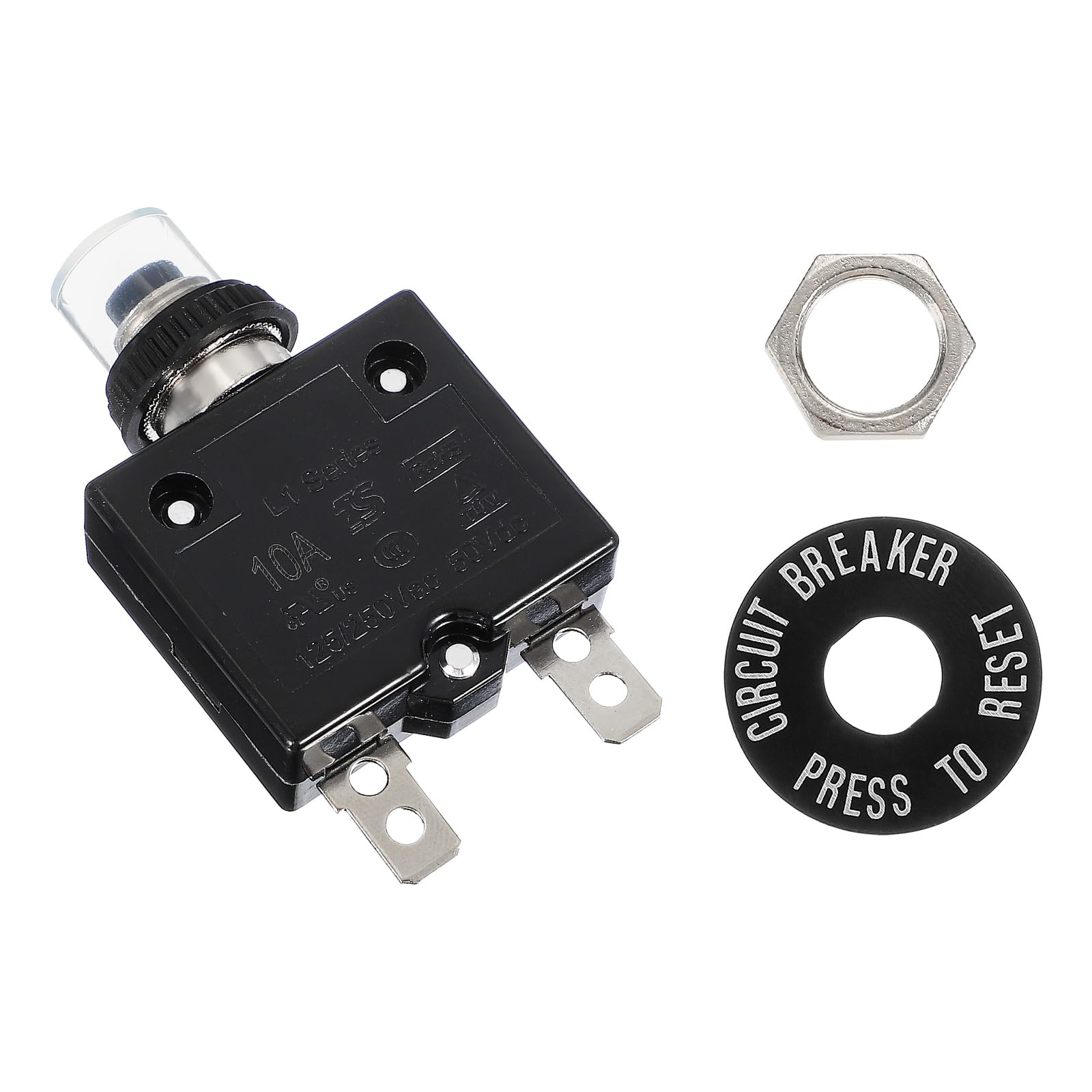 10Amp Push Button Circuit Breaker, 125/250V AC 50V DC Manual Reset Thermal Overload Protector with Waterproof Button Caps