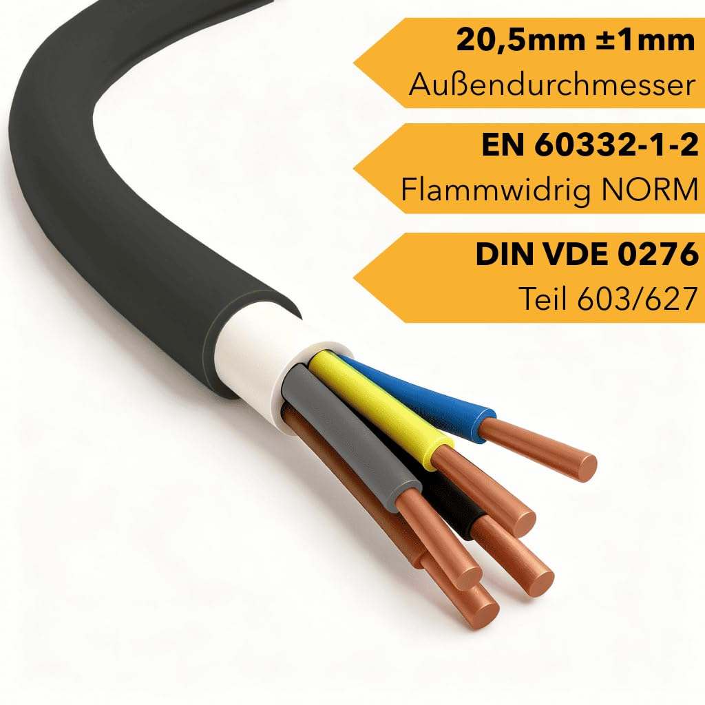NYY-J 5x10mm² Erdkabel | 1–25m Meterware | 5-adriges Starkstromkabel aus Kupfer | Außenkabel für Drehstrom, Wallbox & Elektroinstallation | Made in Germany | Länge (20m)