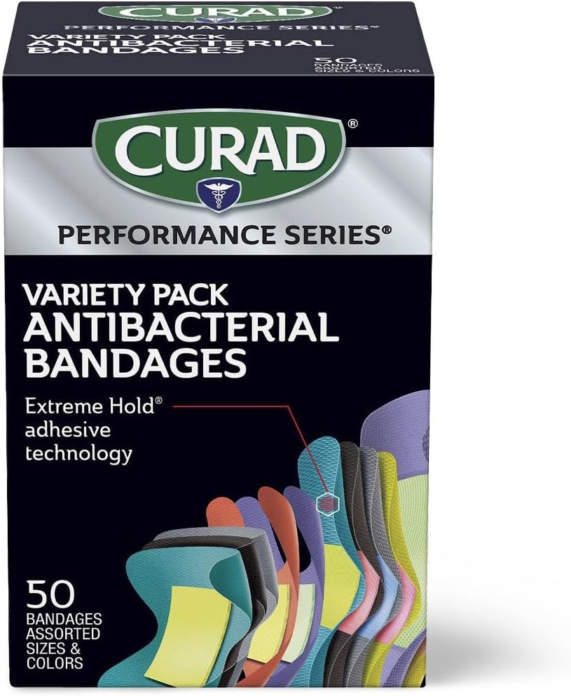 CURAD Performance Series IRONMAN Antibacterial Bandages, Extreme Hold Adhesive Technology, Finger & Knuckle Bandages, Flexible Fabric, Variety Pack with Assorted Sizes & Colors, 50 Count, Case of 24