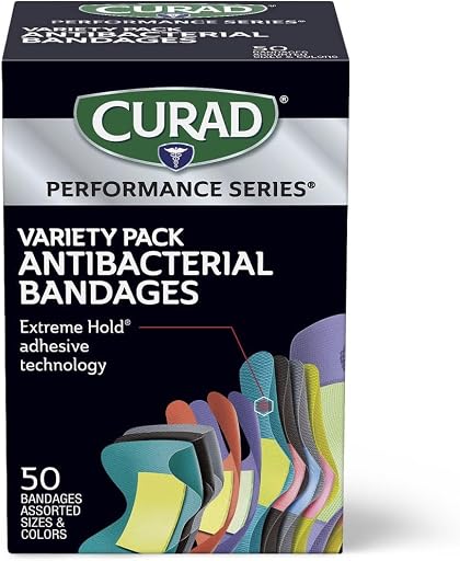 CURAD Performance Series IRONMAN Antibacterial Bandages, Extreme Hold Adhesive Technology, Finger & Knuckle Bandages, Flexible Fabric, Variety Pack with Assorted Sizes & Colors, 50 Count, Case of 24