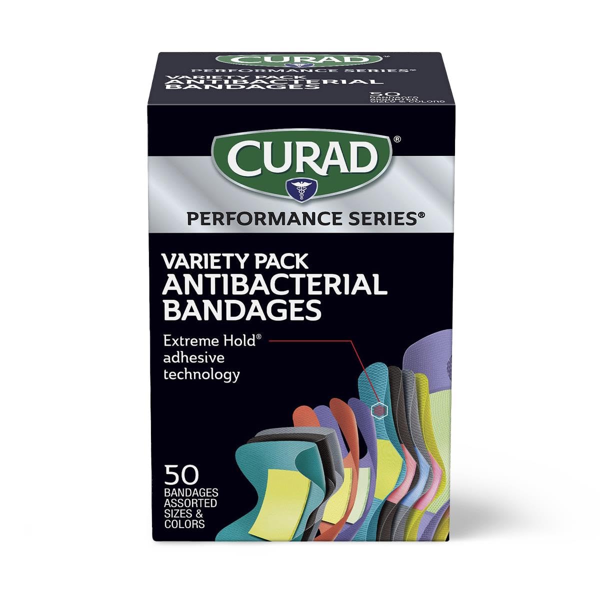 CURAD Performance Series IRONMAN Antibacterial Bandages, Extreme Hold Adhesive Technology, Finger & Knuckle Bandages, Flexible Fabric, Variety Pack With Assorted Sizes & Colors, 50 Count, Case Of 24