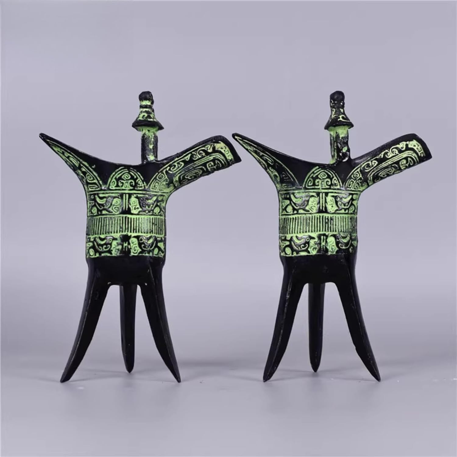 A Pair Antique Bronze Ritual Wine Cup, 13cm 5.1in, Ornamental Goblet for Home Decor Gift