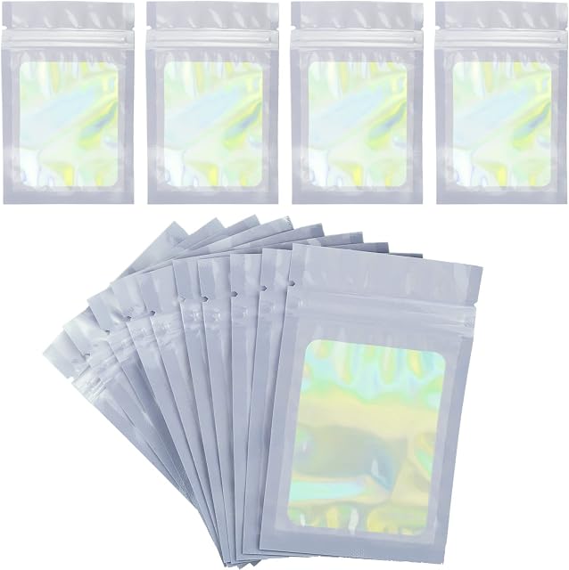 SZCXDKJ 100 PCS Mylar Bags, Resealable Stand Up Pouch Foil Holographic Bags, Smell Proof Baggies Sample Bags for Spice, Food, Flour, Sweets Packaging, Heat Seal Bags (Purple, 3 * 4.7inch)