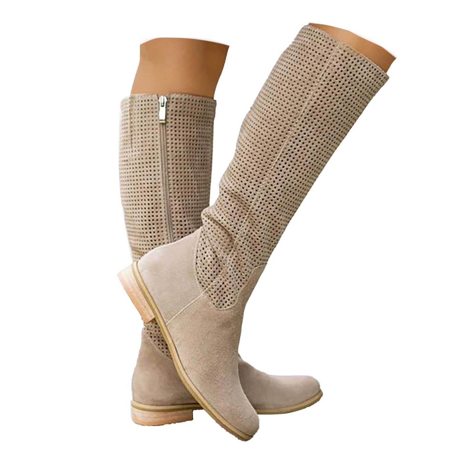 Womens Knee High Boots Wide Calf Slouchy Ruched Suede Cutout Side Zipper Low Block Low Heels Almond Toe