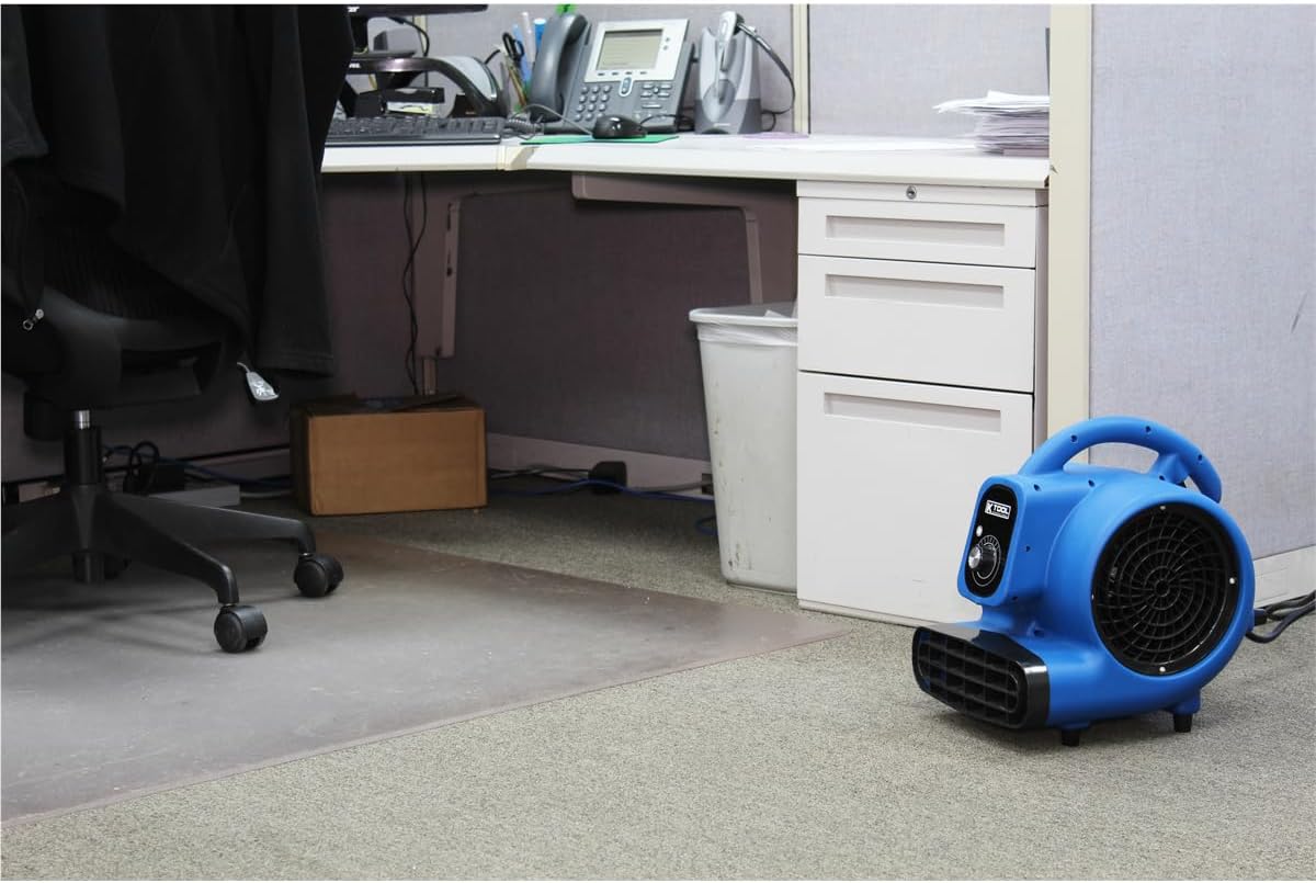 K Tool International 77703 Commercial Utility Floor Blower, 1/4 HP Motor with 3 Speed, 800 CFM, 2.3 Amps, Adjustable Tilt, 4 Drying Positions, Stackable, Plastic Injection Mold, 10' Cord, Blue