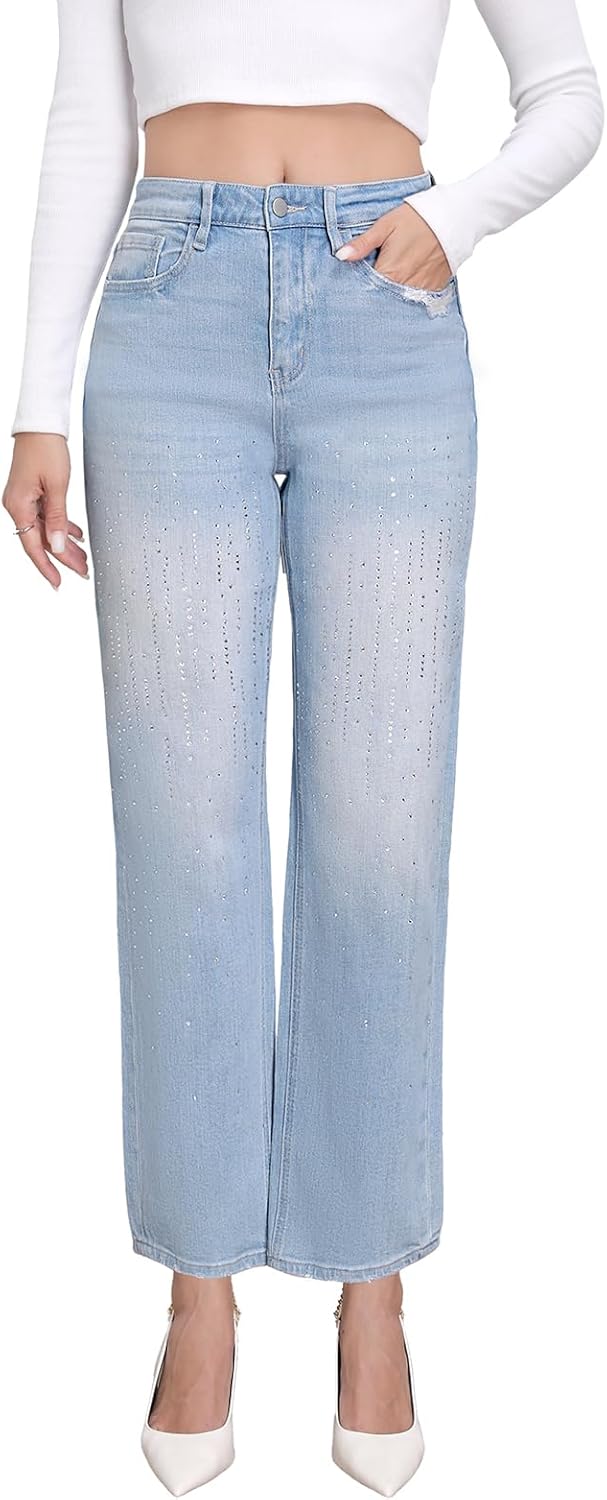 Women Rhinestone Jeans Mid Rise Light Blue Embellished Denim Pants with Pockets Party Outfit