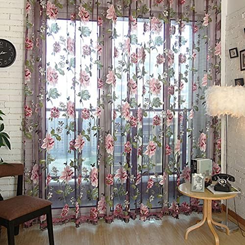 Ardorlove Curtain Flowers Print Window Screen Door Window Floral Pattern Balcony Tulle Voile Sheer Curtain Panel 95CM*200CM
