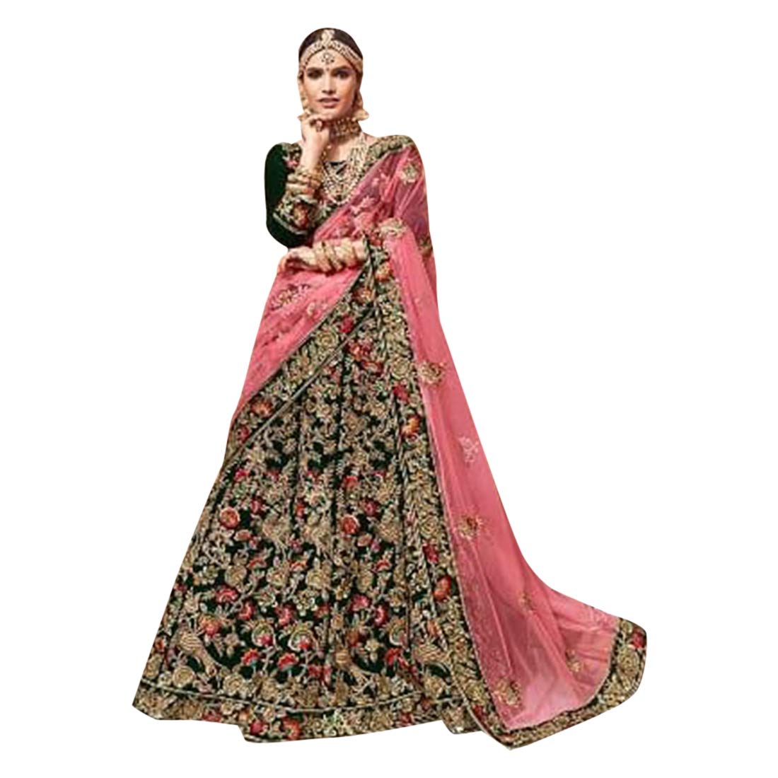 ETHNIC EMPORIUM Women's Velvet Green Bridal Indian Zardosi Winter Wedding Collection Lehenga Choli Party Dupatta Muslim Festival 7306 43483 As Shown