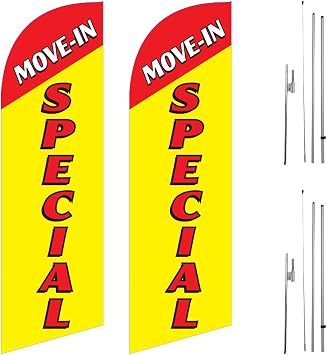 FFN Pack-2 MOVE-IN SPECIAL 6ft Feather Flags Outdoor Signs with complete 8ft poles Kit, Pack Includes 2 Flags and 2 Poles Kit with 2 Ground Stakes Yellow