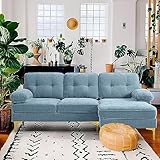 YuuYee 82' Chenille L Shaped Sectional Couches for Living Room, 3 Seater Comfy Modular Sofa with Chaise for Small Spaces,Mid Century Modern,Deep Seat,Light Blue