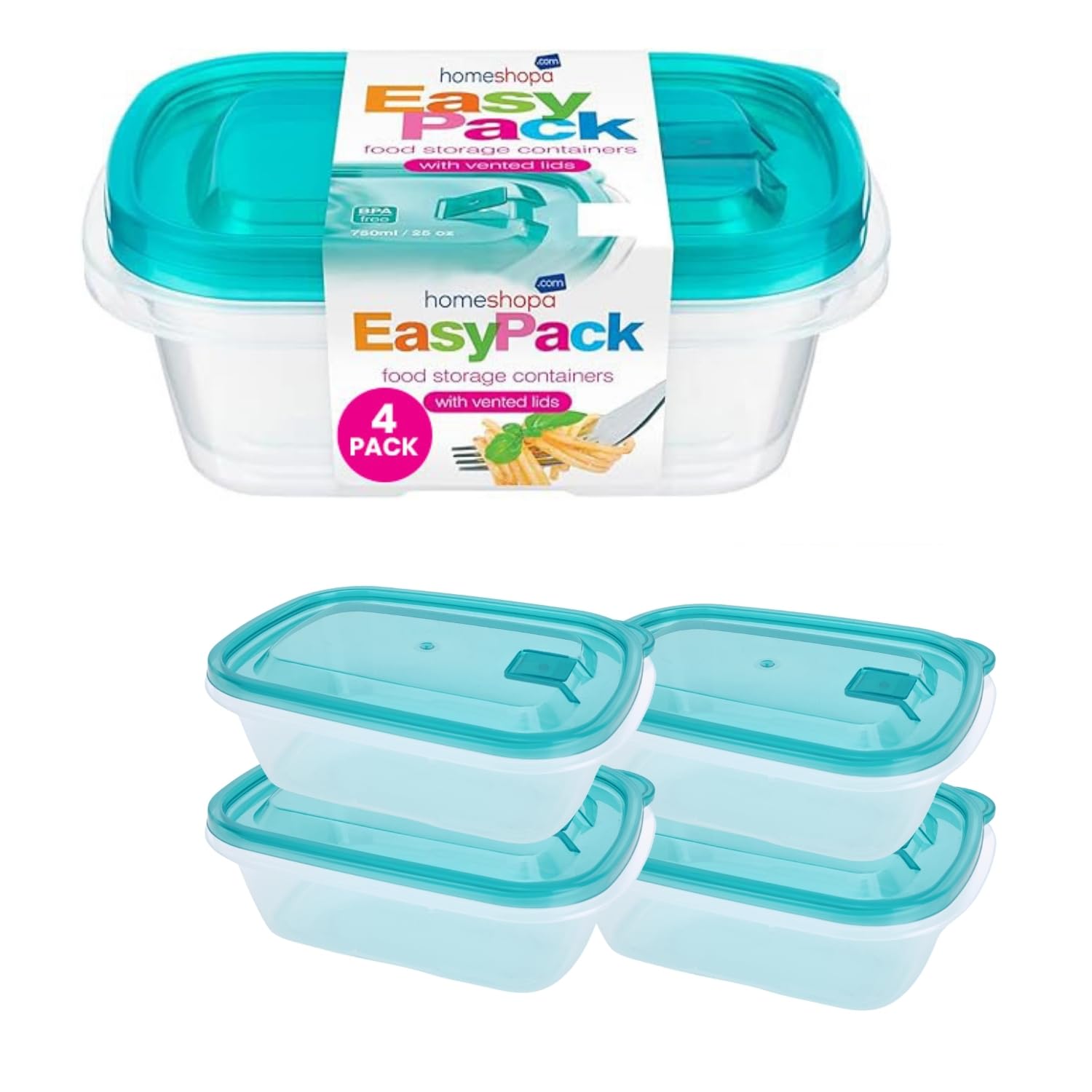HOMESHOPA Plastic Food Storage Containers with Vented Lids, 4 Pack Leak Proof BPA Free Stackable, Microwave Freezer Dishwasher Safe, Reusable Airtight Meal Prep Lunch Boxes, 750Ml/25 Oz