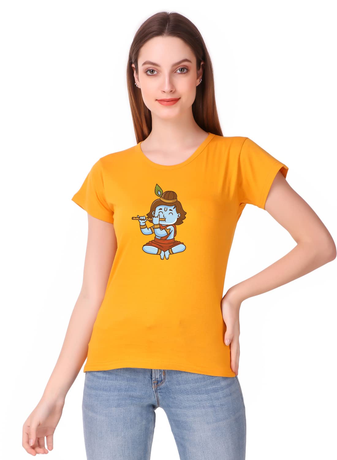 PrabhubhaktiGirls Lord Krishna ji Image Style Printed Premium Stylish Women Tshirts | Trendy Krishna Tops for Women | Round Neck 100% Cotton Summer Special Devotional Tshirts for Women YellowTops for Women S