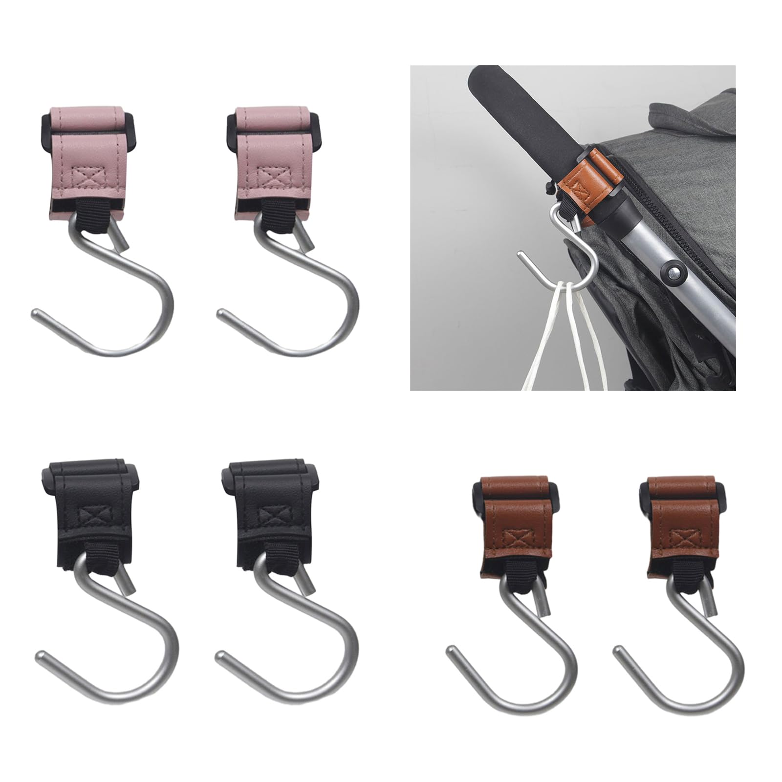 WEISUYUUS 2pieces Convenient Hook Aluminum Alloy PU Hook Stylish Pram Hooks Hangers for Bags Accessories