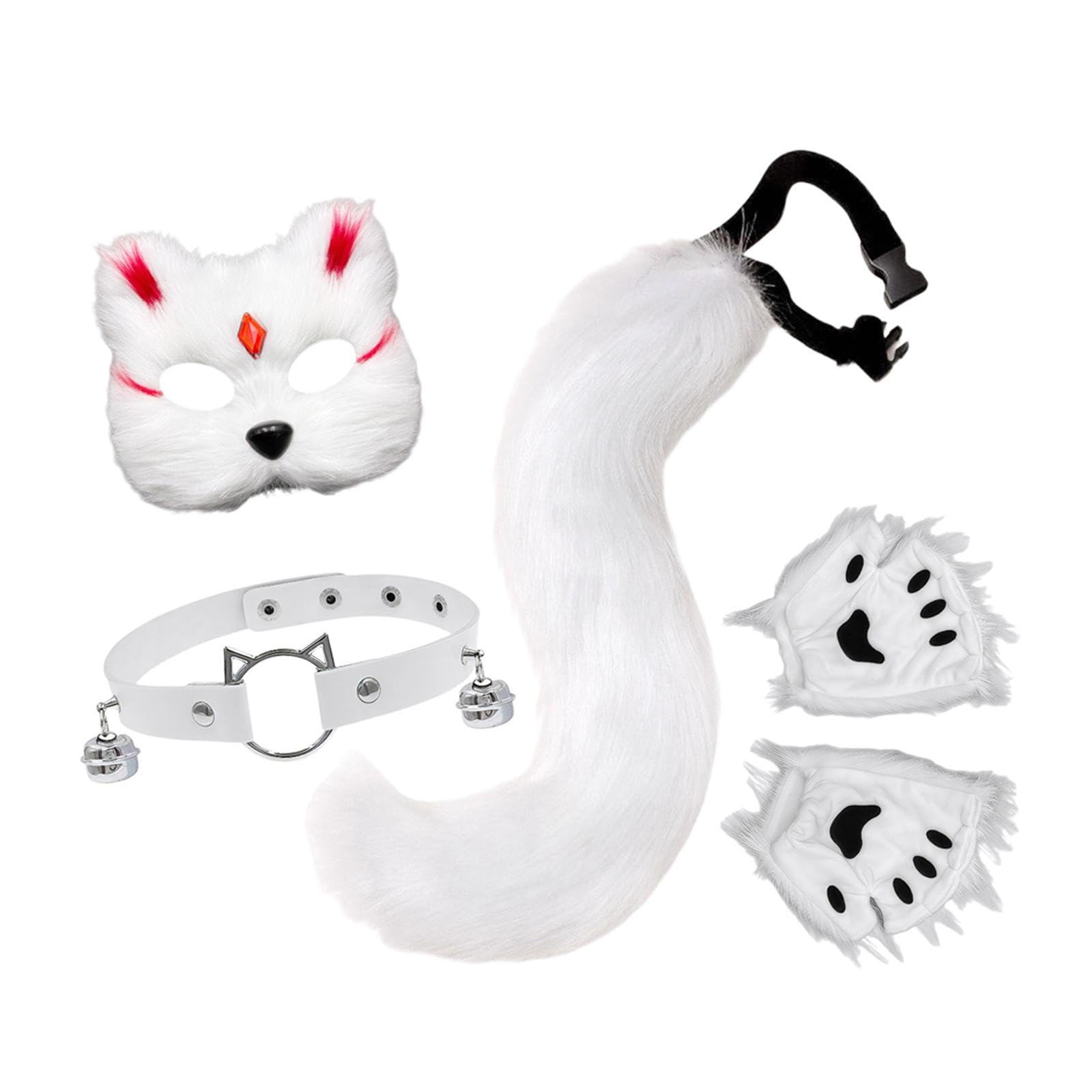 Baoblaze Masque et Queue Chat Renard, Collier pour déguisement, Anniversaire, Mascarade, Spectacle sur scène, Blanc Rouge
