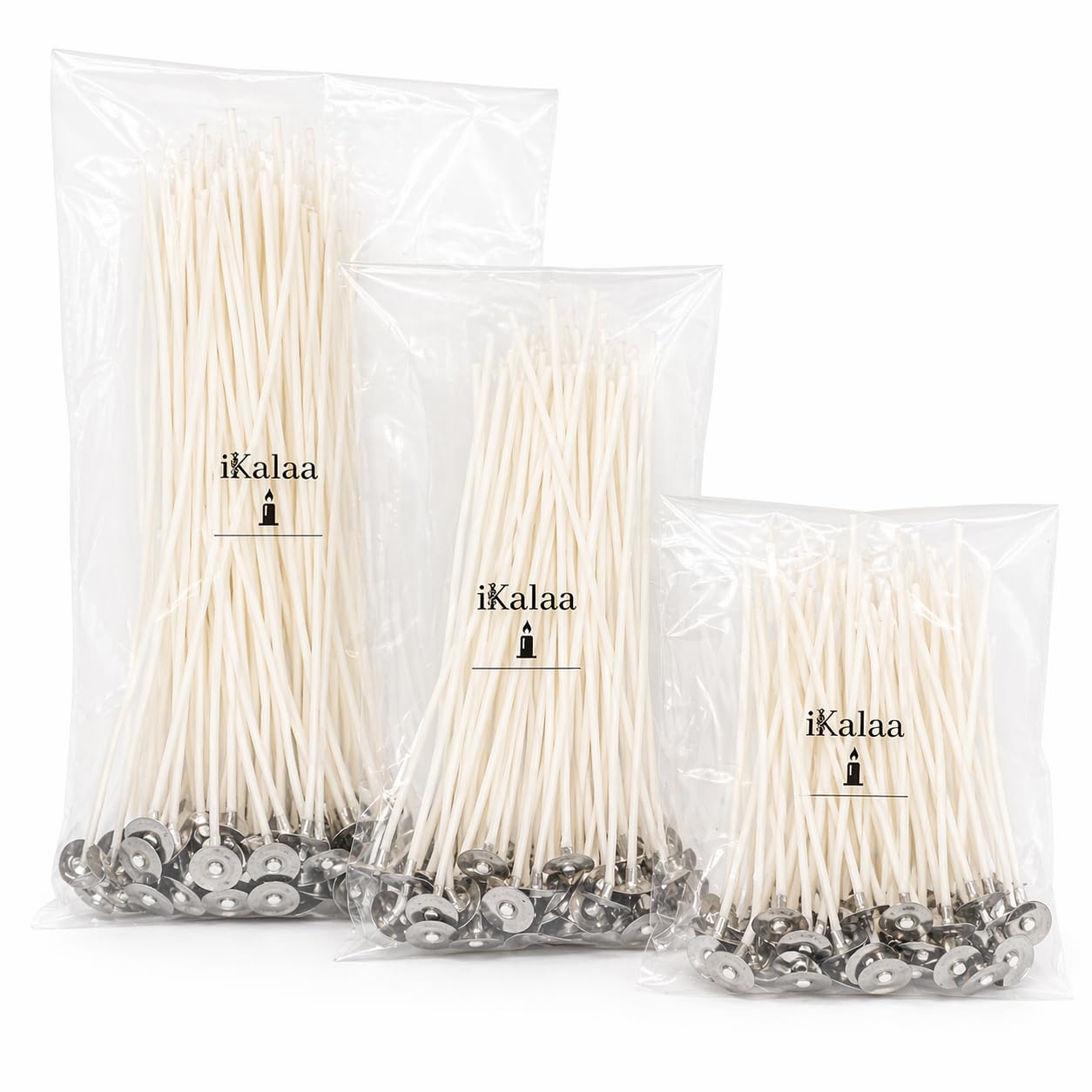 iKalaa® Candle Making Wicks Combo Pack | 150 pcs (50 pcs Each 3”, 5” & 7”) | Pre-Waxed Cotton Wicks with Metal Sustainers | DIY Candle Supplies