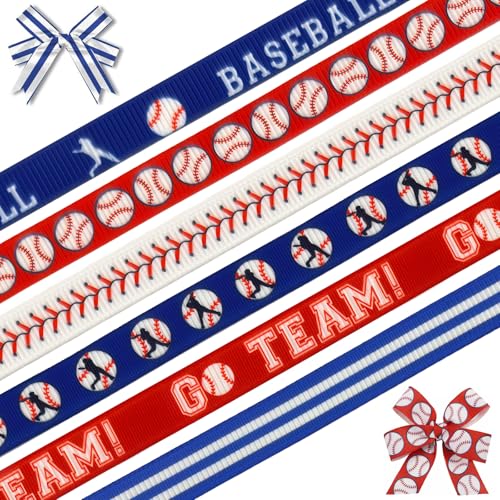 6 Rolls Baseball Ribbons 3/8 Inch Red White Blue Sport Grosgrain Ribbon for Gift Wrapping Party Decor Supplies DIY Craft Making Bow Hair Accessories Clothes Pins Charm 4 Yds Per Roll Total 72 Fts