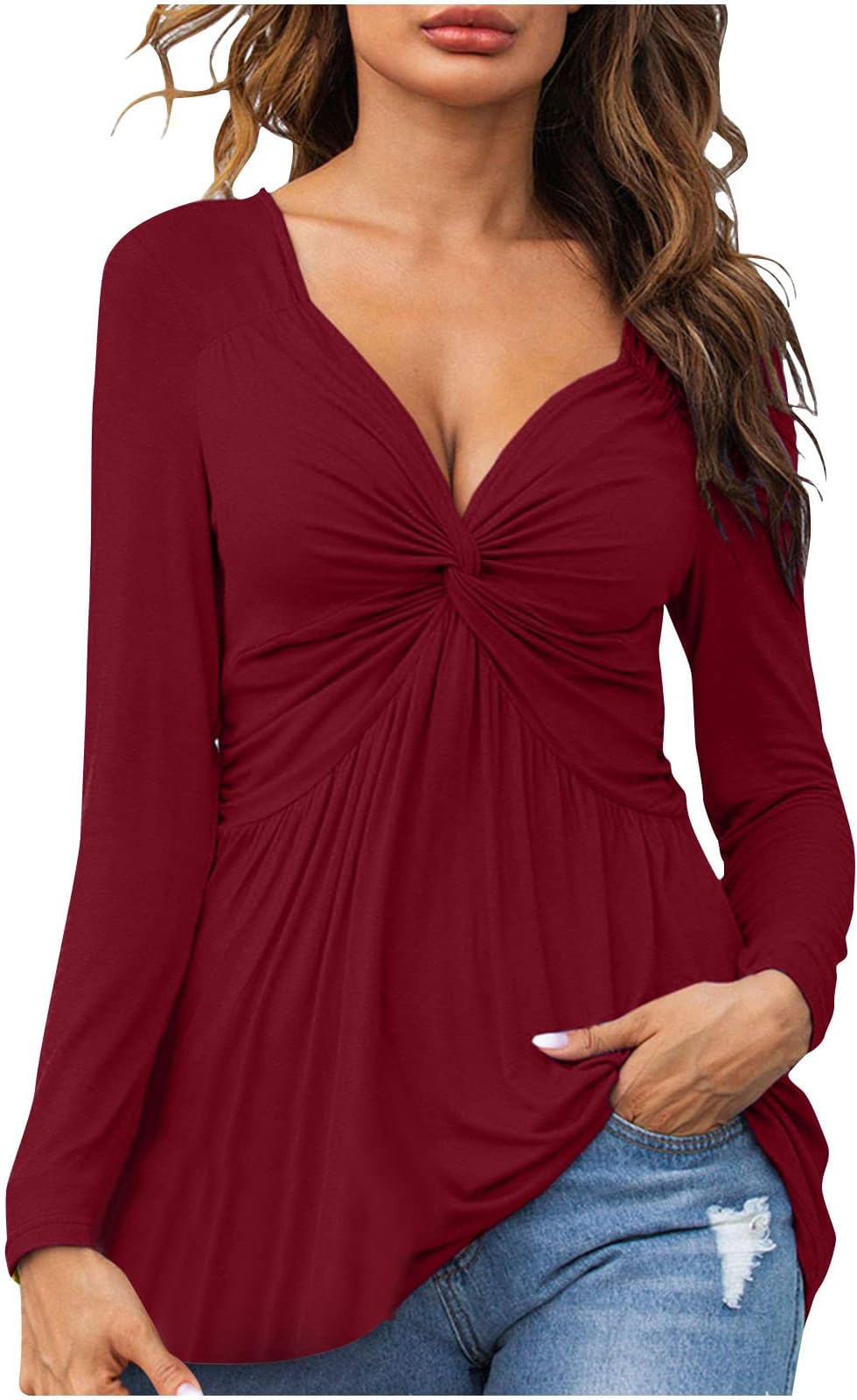 HopwinWomen's Deep V-Neck Front Knotted Blouse, Casual Side Bow T-Shirts Long Sleeves Tops