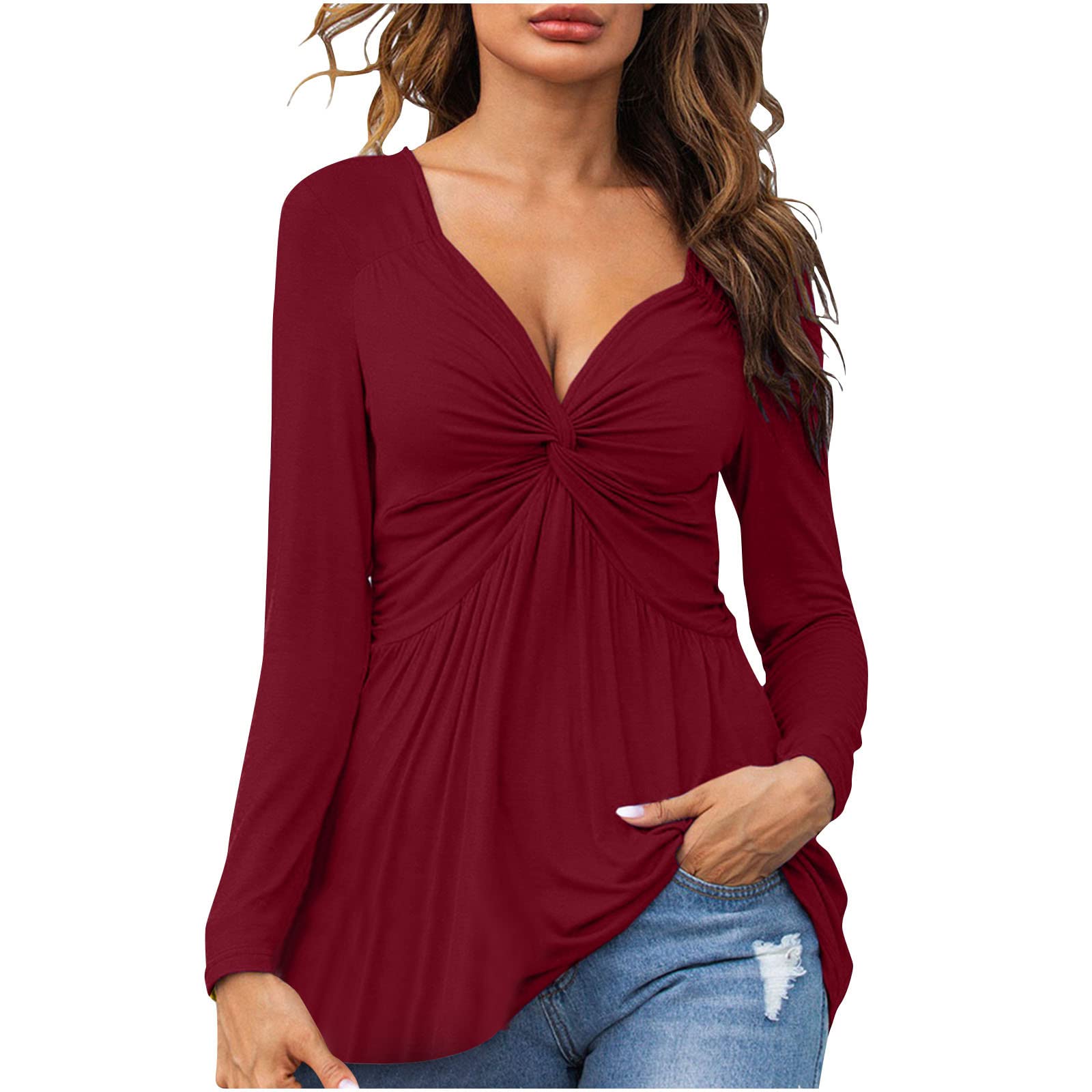 HopwinWomen's Deep V-Neck Front Knotted Blouse, Casual Side Bow T-Shirts Long Sleeves Tops