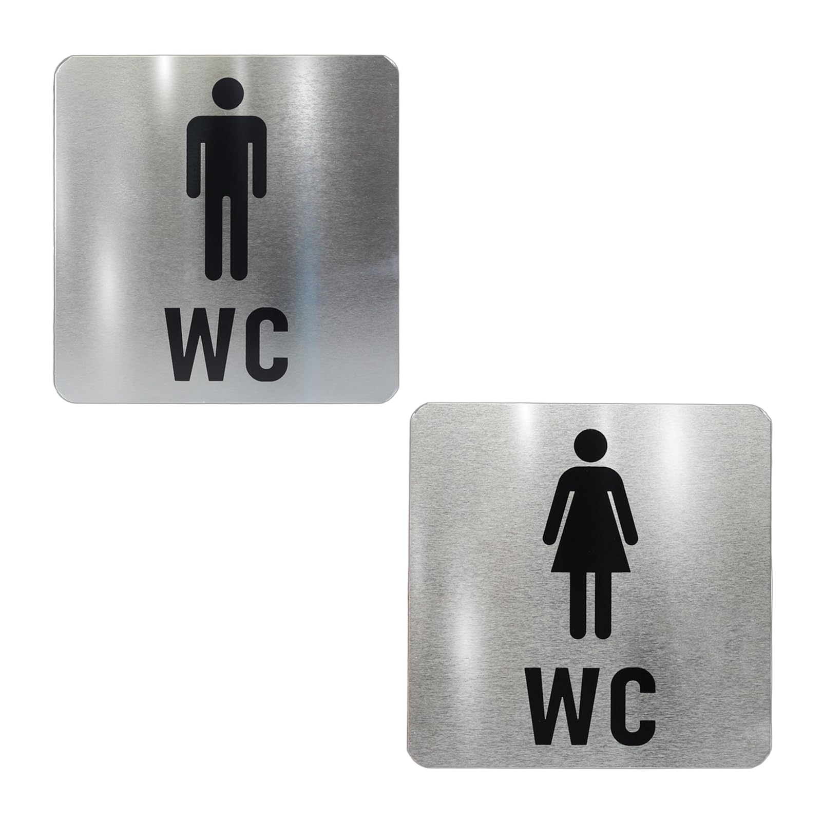 Due cartelli WC Segno Targa da 12 x 12 cm, Cartelli per Bagni Maschili e Femminili Color Srgento, Realizzati in Acciaio Inossidabile Resistente al Sole e All'acqua, Adatti per Bagni e Toilette