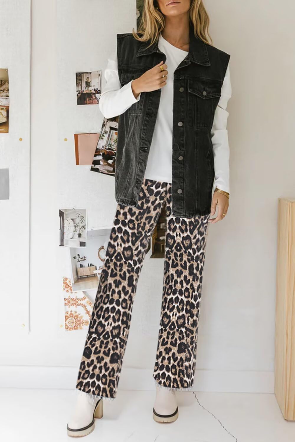 KDF Straight Leg Jeans for Women High Waisted Jeans Frayed Baggy Pants Raw Hem Loose Stretchy Cropped Wide Leg Jeans