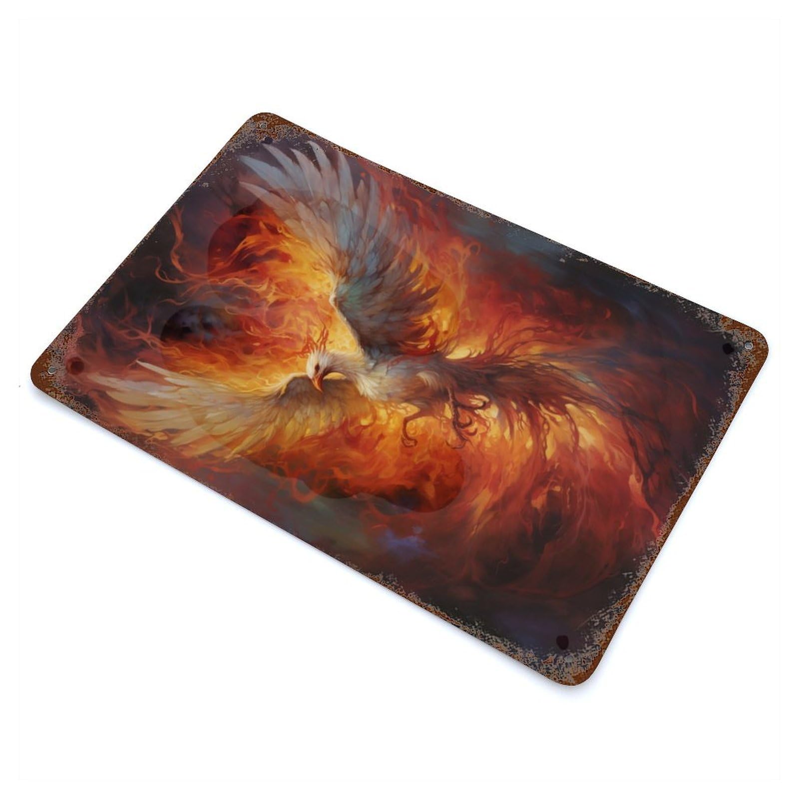 Rust Effect Mystical Phoenix Bird Aged Metal Wall Plaque 11.8"x7.9", Rustic Home Decor for Bistro, Counter And Cafe Decor