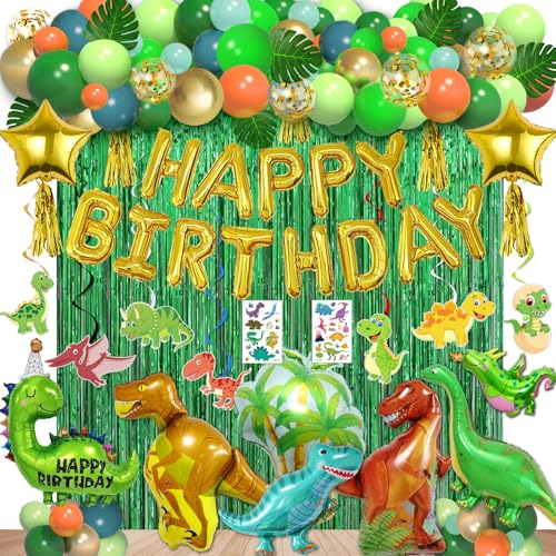 125pcs Dinosaur Birthday Party Decorations, Dinosaur Balloons Arch Garland Kit with Fringe Curtain, Balloons for Party Baby Shower Decorations for Boy Kids
