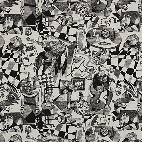 Kt KILOtela - Tela Tapicería, Jacquard Gobelino, Tapizar Sillas, Cojines, Cabecero, Sofá, Bolsos, Resistente al Desgaste, Costura, 100 cm Largo x 280 cm Ancho, Guernica Luno, Negro, Blanco - 1 metro
