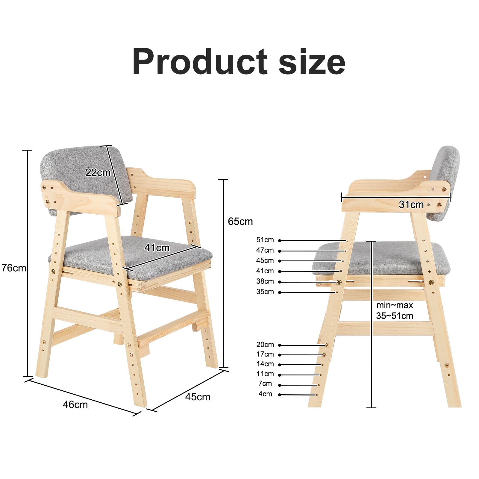 Seggiolone,regolabile in altezza（35cm-51cm）, sedia per bambini, in legno di faggio, stabile e sicura,cm-51cm fino a 90 kg, per bambini e adulti (48 * 46 * 78 cm - Grigio)