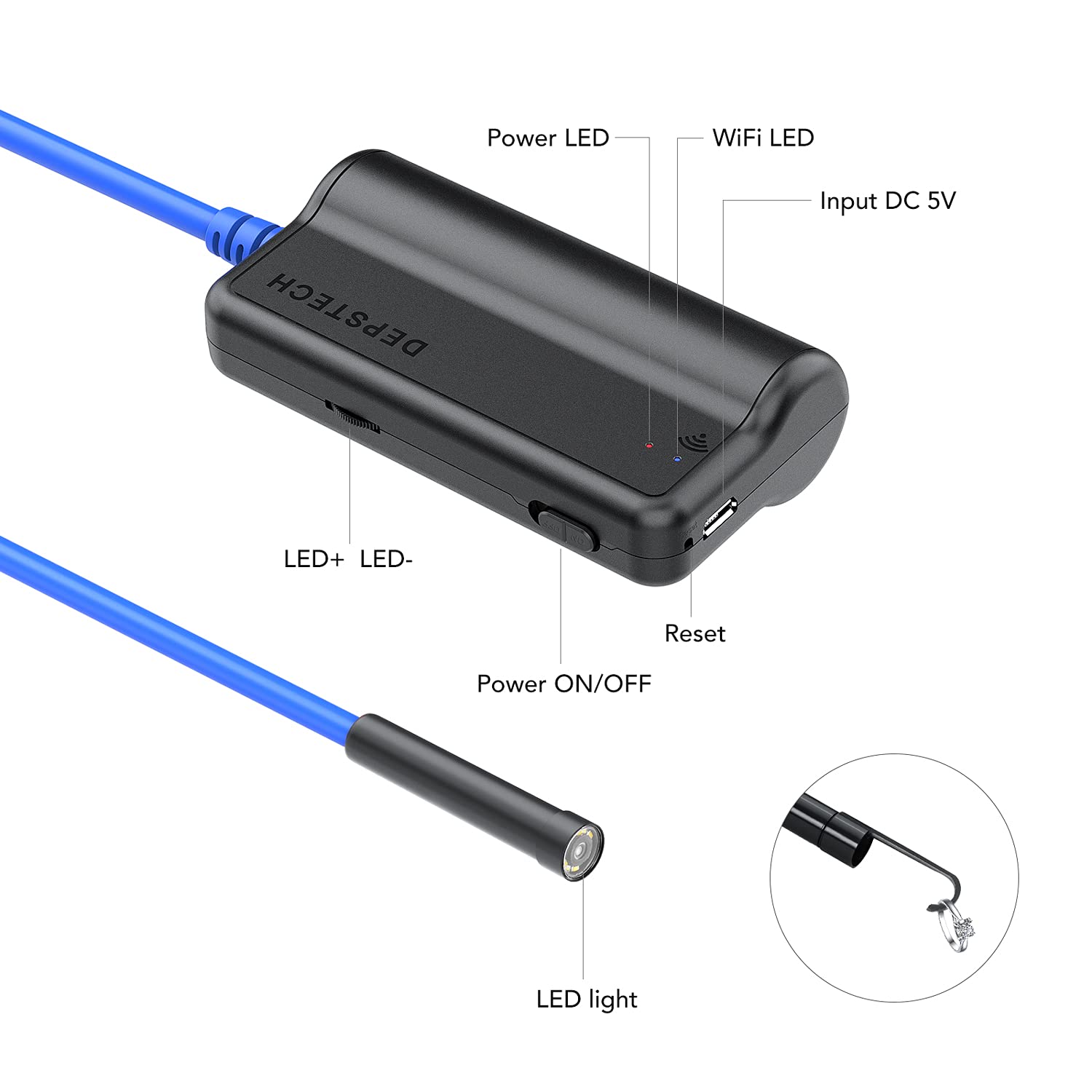 Four images showing the DEPSTECH endoscope being used in various scenarios: inspecting a sink drain, checking behind a dryer, looking into a wall vent, and examining a car wheel well.
