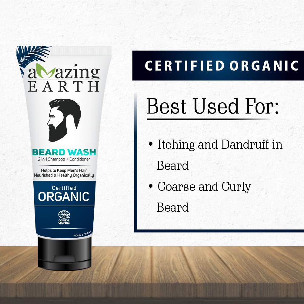 AMAzing EARTH Certified Organic Beard Oil and Beard Wash Combo for Hair Growth Oil, Non-Sticky, Conditioning, Hard Curly Beard, Sulphate & Paraben Free 3