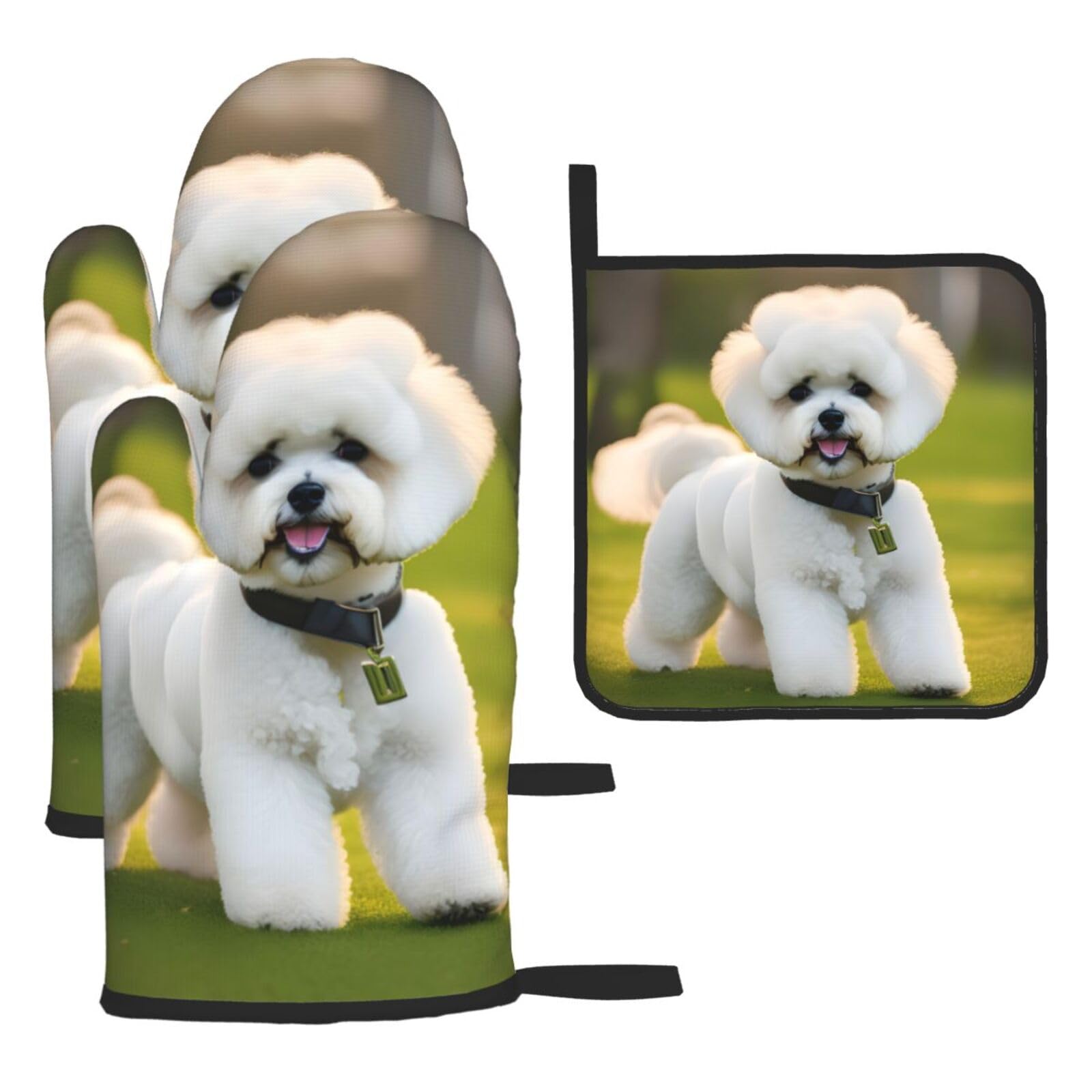 Bichon Frise Dog On The Grass Print Oven Mitts Kitchen Gloves Set Everyday Baking Grilling Microwaving Cooking Gift