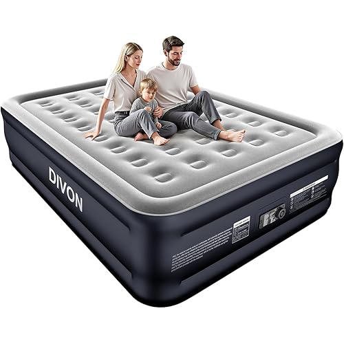 DIVON Queen Air Mattress with Built in Pump Raised, 2 Min Self Inflatable Mattress, 18’’ Blow up Mattress for Adults, 660 LBS Portable Air Bed for Guest, Camping, Travel & Floor, Dark Blue